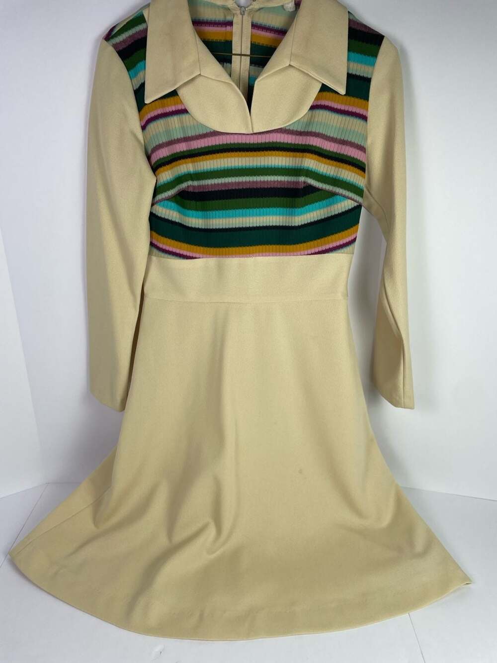 Vintage 70s Cream Long Sleeve Mod Dress with Striped Knit Bodice Size 10